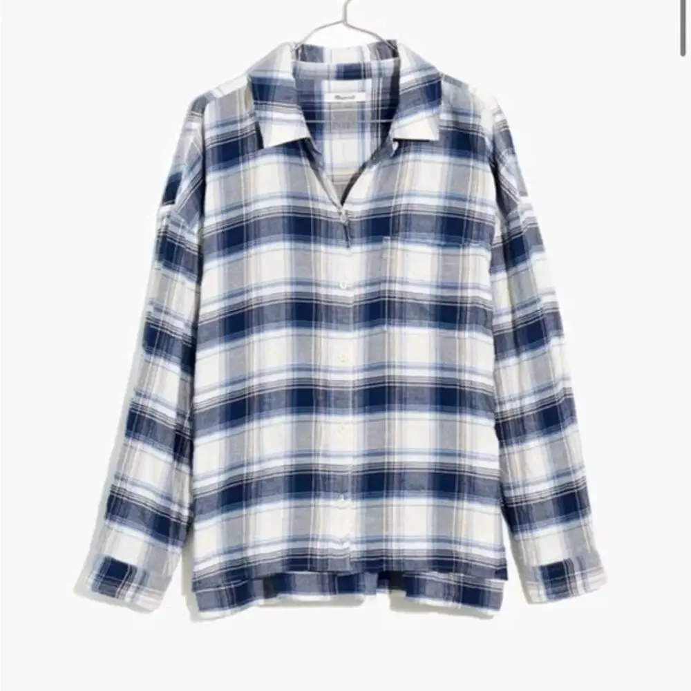 Madewell Hartfield Flannel Plaid Shirt M White Blue Peach Boxy Side Slit Button